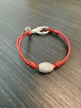 Lizzy James Bracelet with Silver Hook Closure Pave Style Bead Charm Pink Leather